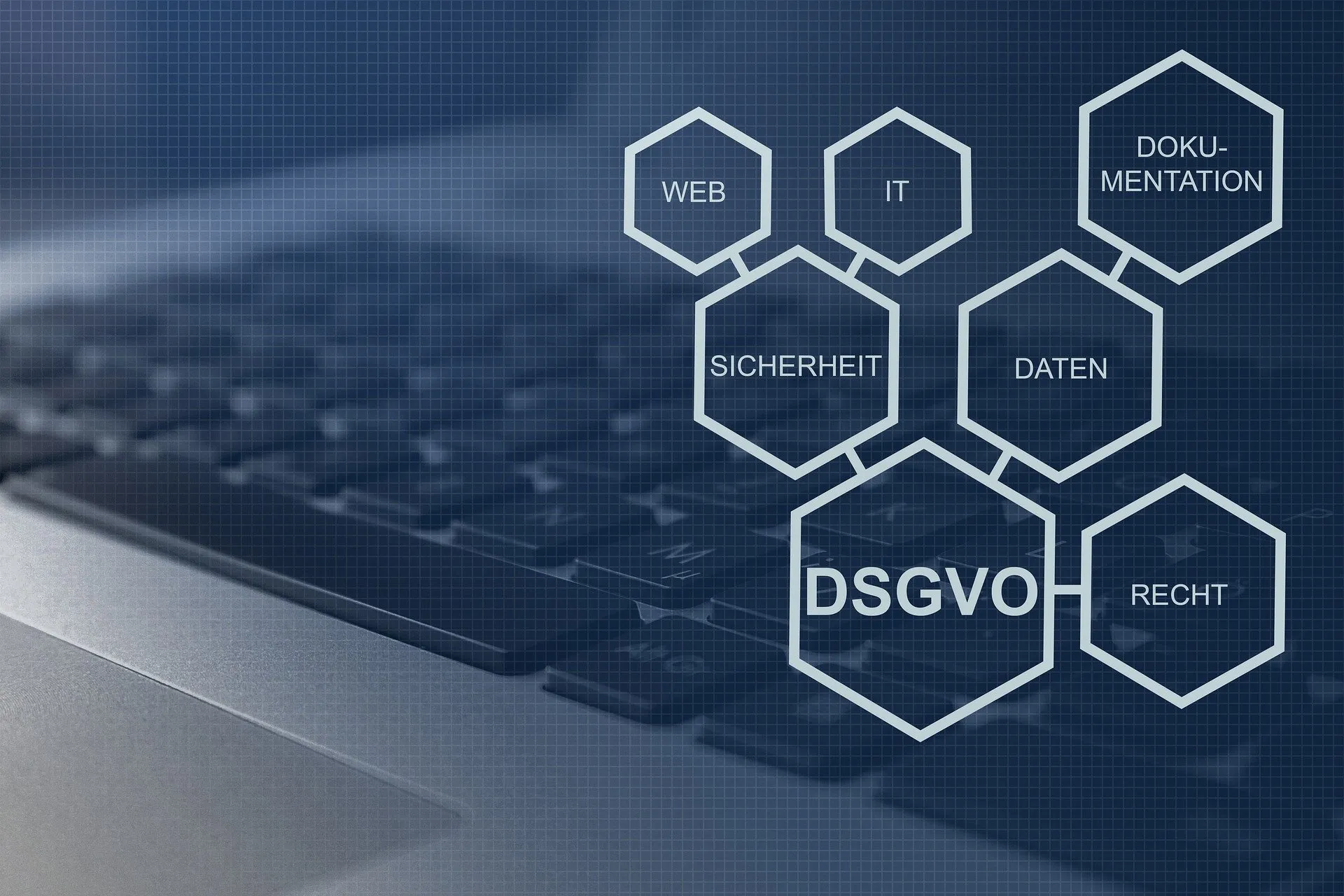 Graphic of connected hexagons about GDPR, data, security and documentation over a laptop keyboard