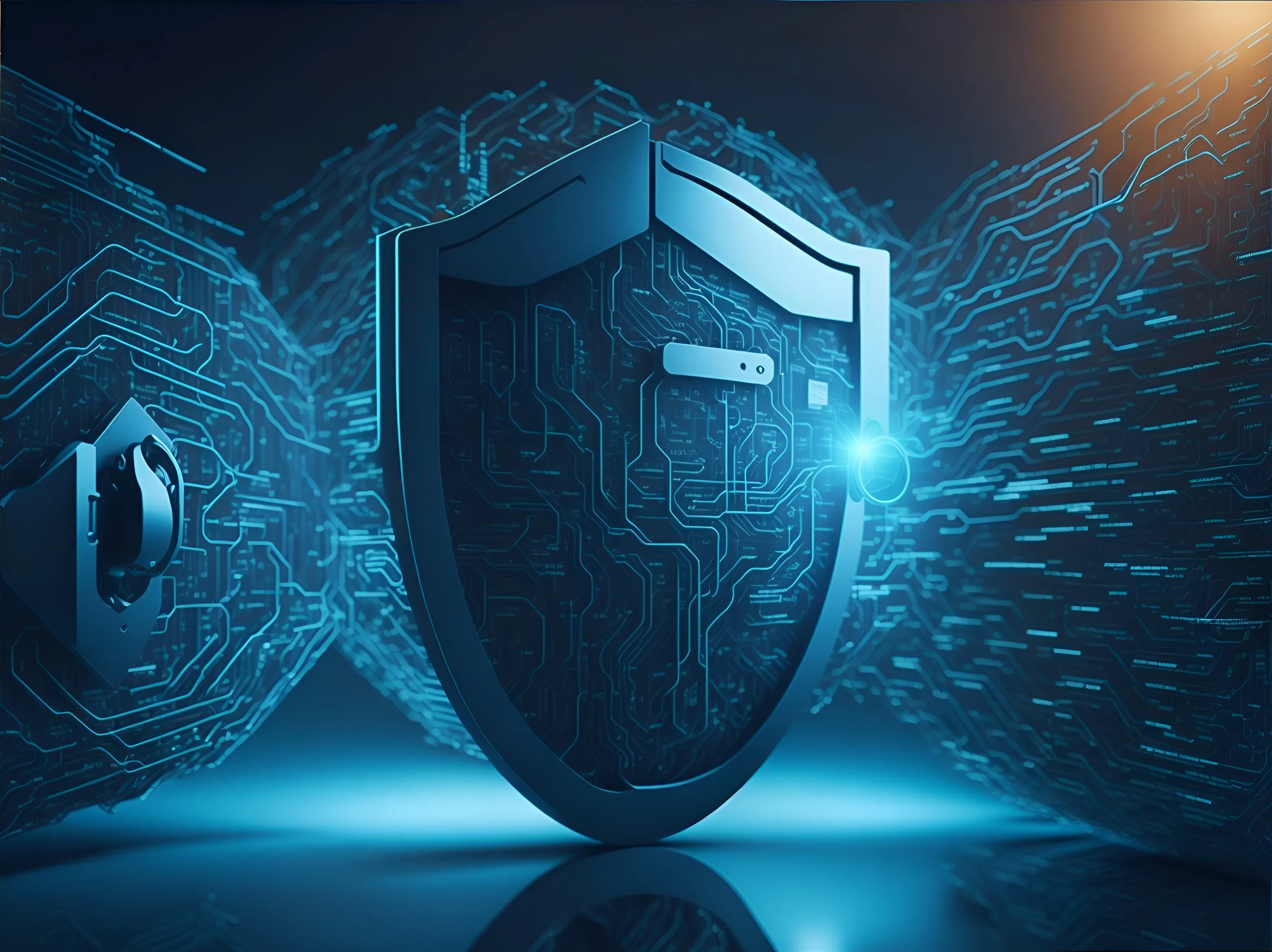 Digital protective shield in front of a glowing circuit pattern — a symbol of IT security and data protection