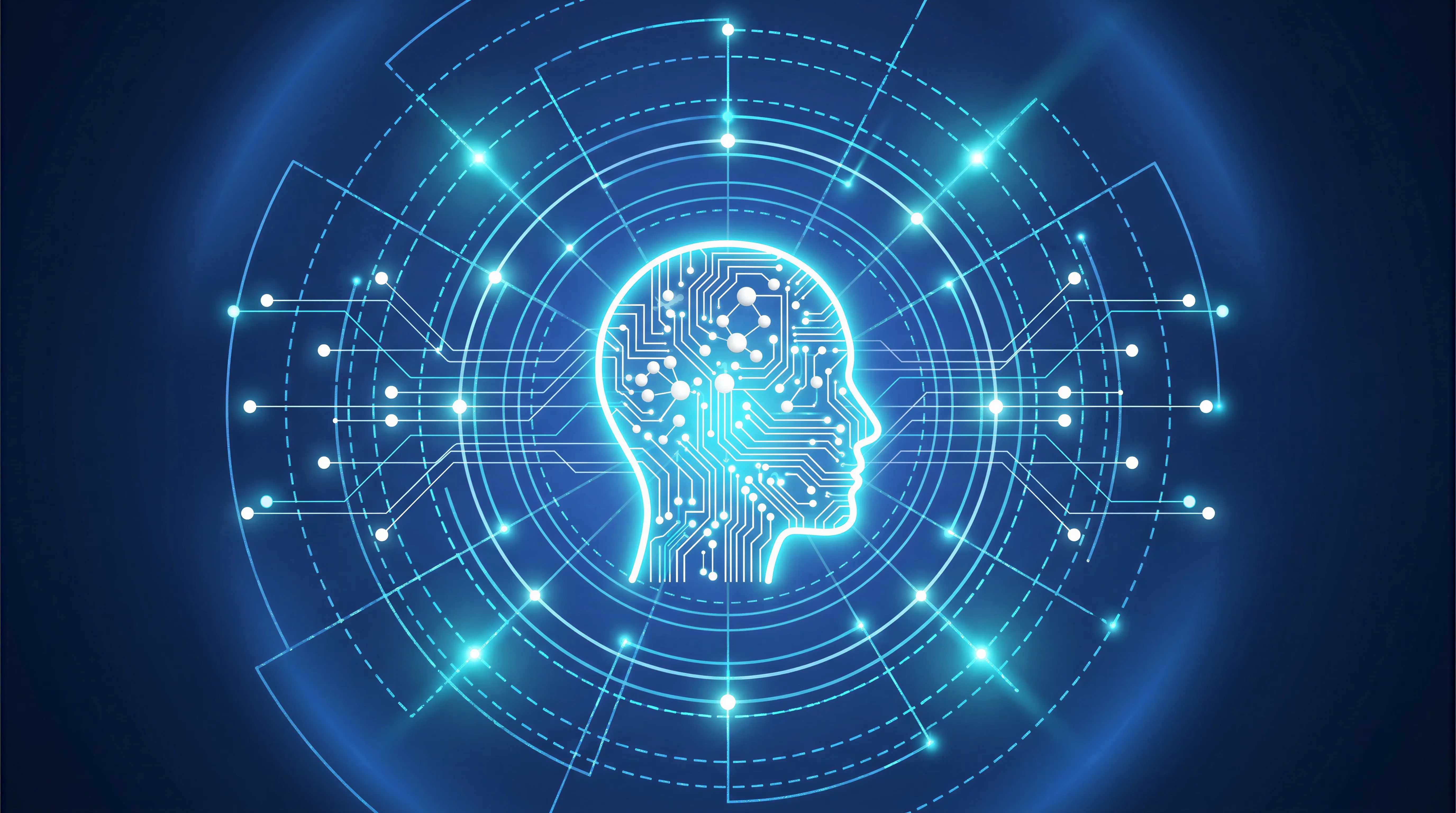 Graphic: head in profile drawn from circuit traces, surrounded by concentric rings of data