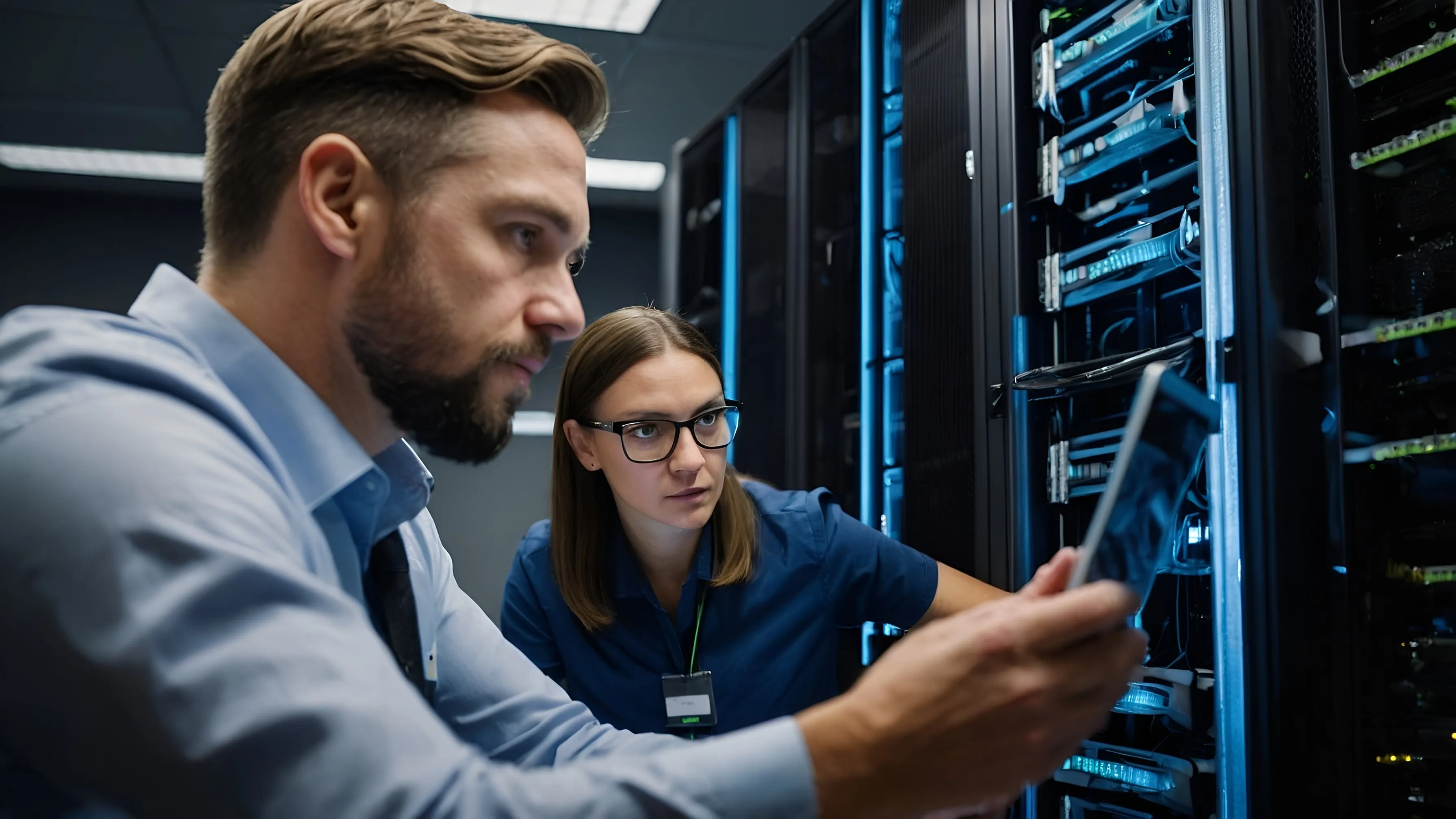 Two IT specialists checking systems on a tablet in front of a row of server racks